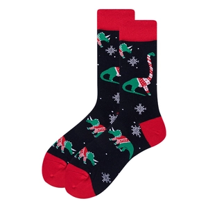 Chaussettes de Noël noires avec motifs de dinosaures, talons rouges, coton pour hommes