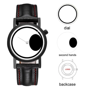 Minimalist quartz watch with black leather strap and unique white dial in side profile view