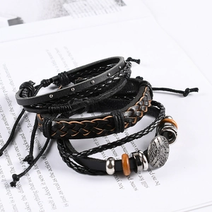 Retro multi-layer leather bracelet set with alloy shield and wooden beads for men