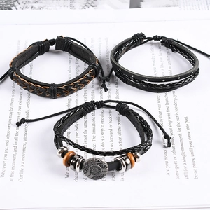 Three-piece punk layered leather bracelet set with alloy shield and wooden beads
