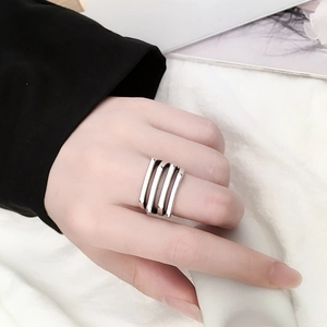 Minimalist silver irregular multi-layer geometric ring with adjustable opening for women