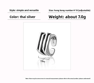 Detail view of adjustable Thai silver S925 geometric ring with triple line镂空 design