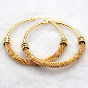 Golden 316L stainless steel large hoop earrings with textured mesh weave design