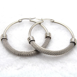 Modern 316L stainless steel silver mesh hoop earrings with intricate woven texture detail