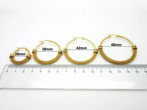 Gold 316L stainless steel mesh hoop earrings in sizes 26mm to 48mm shown on a ruler