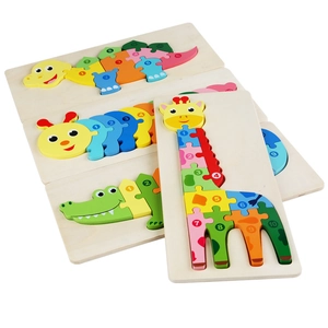3D wooden animal number puzzles for kids including giraffe and dinosaur shapes