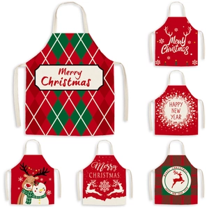 Christmas Apron Linen Blend Festive Santa Reindeer Print Adjustable Neck Strap For Kitchen Cooking Baking Family
