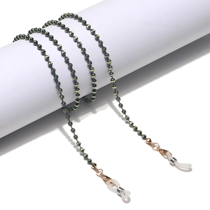 Dark green beaded sunglasses chain with gold accents and anti-slip silicone loops