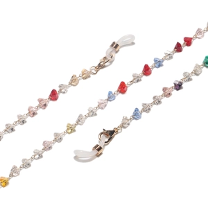 Gold chain glasses strap with colorful heart-shaped crystal beads and rubber loops
