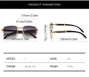 Detailed size chart for retro wood grain sunglasses with frame and lens dimensions
