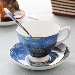 Van Gogh Starry Night bone china coffee cup and saucer set with gold rim and spoon