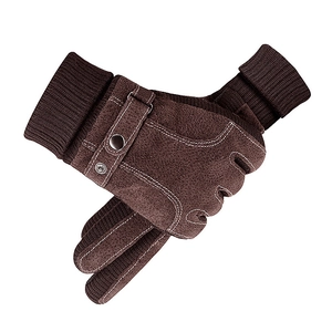 Men's winter pigskin leather gloves with ribbed cuffs and decorative stitching details