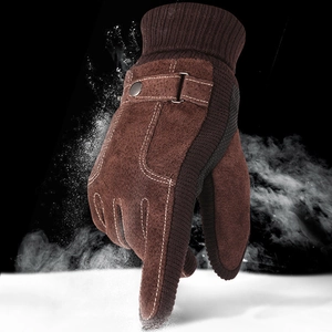 Brown pigskin leather winter gloves with needlepoint design and warm ribbed cuffs
