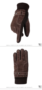 Detail of warm winter pigskin leather gloves with knitted cuffs and metal buckle strap