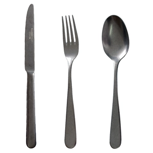 Brushed stainless steel flatware set with a classic dinner knife, fork, and spoon