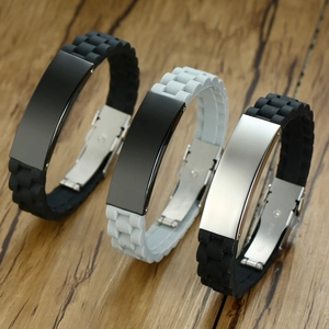 Detail view of adjustable silicone sport bracelets with polished stainless steel plates