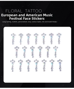 Detailed view of iridescent silver face gems for music festival makeup on a white card