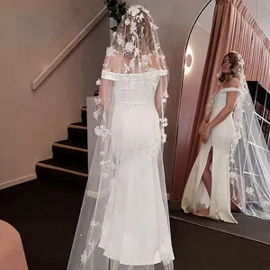 Bridal Wedding Veil 3D Floral Appliques Faux Artificial Pearls Soft Tulle Cathedral Trailing Elegant Headpiece With Metal Comb