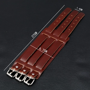 Vintage brown leather punk biker wristband with triple silver buckles and measurements