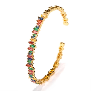 Adjustable gold plated open cuff bracelet with colorful geometric zircon gemstones