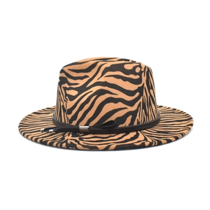 Chapeau fedora en laine à motif zébré avec large bord et sangle en cuir pour femme