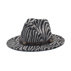 Fedora Hat Zebra Tiger Print Woolen Wide Brim Vintage Jazz Cap With Leather Band Metal Rivet For Men Women