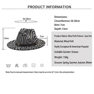 Winter wool felt fedora with zebra pattern and leather band for outdoor travel