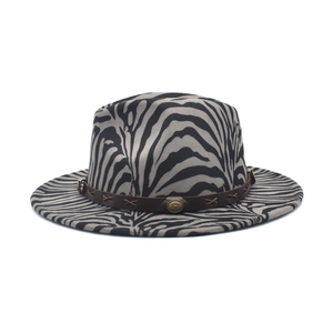 Winter zebra print wide brim fedora hat with a leather band and vintage buckle detail