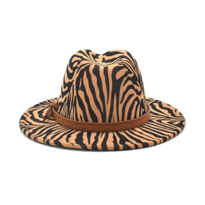 Klassischer Fedora-Hut mit Zebramuster in Orange und Schwarz und Leder-Zierband