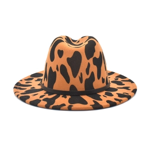 Orange leopard print wool fedora hat for women with black belt and classic wide brim