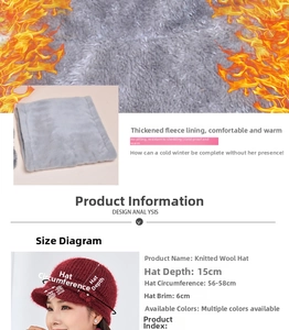 Detailed size chart showing 15cm depth, 58cm circumference and 6cm brim of knit winter hat