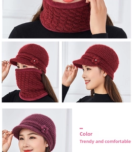 Close-up of winter knit beanie and scarf set with fleece lining for women