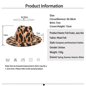 Cow print fedora hat with metal trim and size chart, woolen jazz hat for women