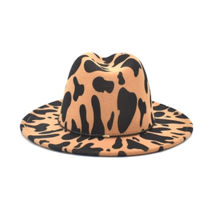 Cow print wool fedora hat with wide brim and decorative buckle band for winter fashion