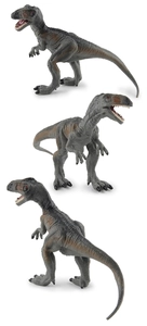 Vista en tres ángulos de un juguete de dinosaurio Velociraptor con textura de piel realista