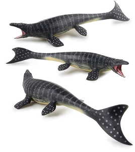 Vistas detalladas del juguete dinosaurio Mosasaurus gris con textura de piel y boca abierta