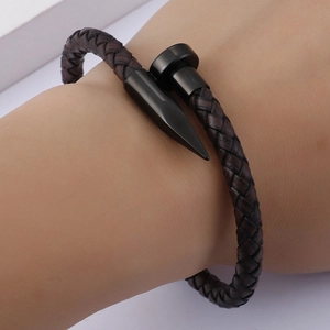Minimalist black braided leather nail bracelet with matte steel buckle for men