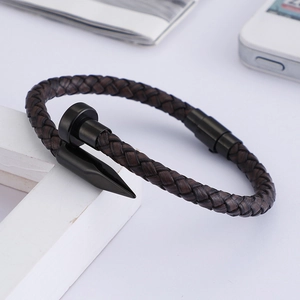Men's dark brown braided leather bracelet featuring a black stainless steel nail clasp
