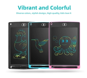 LCD writing tablet for kids in black, blue, and pink showing colorful animal drawings
