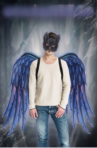 Detail of dark feather mask and gradient blue dragon wings for party costume sets