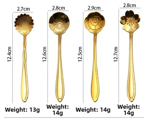 Size chart showing stainless steel flower-shaped coffee spoons with dimensions and weights