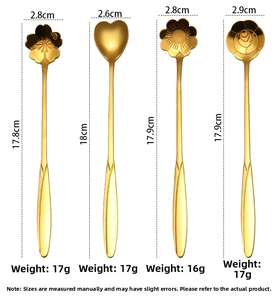 Detailed view of four golden stainless steel stirring spoons with floral-shaped heads