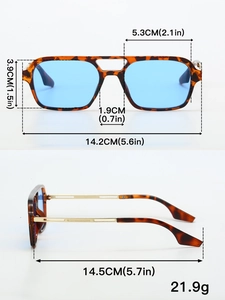 Detailed size chart of vintage pilot square sunglasses with tortoise frame and blue lens
