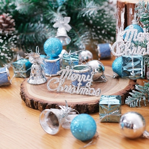 Blue and silver Christmas tree decoration kit with assorted baubles and Merry Christmas sign
