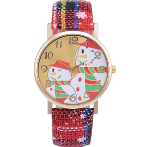 Christmas snowman quartz watch with festive red and green plaid fabric strap for women