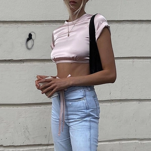 Women Sexy Satin Crop Top Short Sleeve Round Neck Backless Tie Back Lace Up Slim Fit Summer Trendy Fashion Solid Color