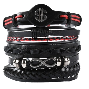 5Pcs Vintage braided leather bracelet set for men featuring metal charms and red accents