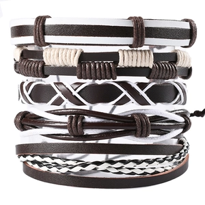 Vintage multi-layer woven leather bracelet set in dark brown and white punk style