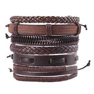 Vintage multilayer braided leather bracelets in brown and dark brown stackable set