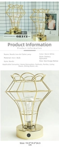 Detail of golden geometric diamond iron table lamp with Edison LED bulb for decor